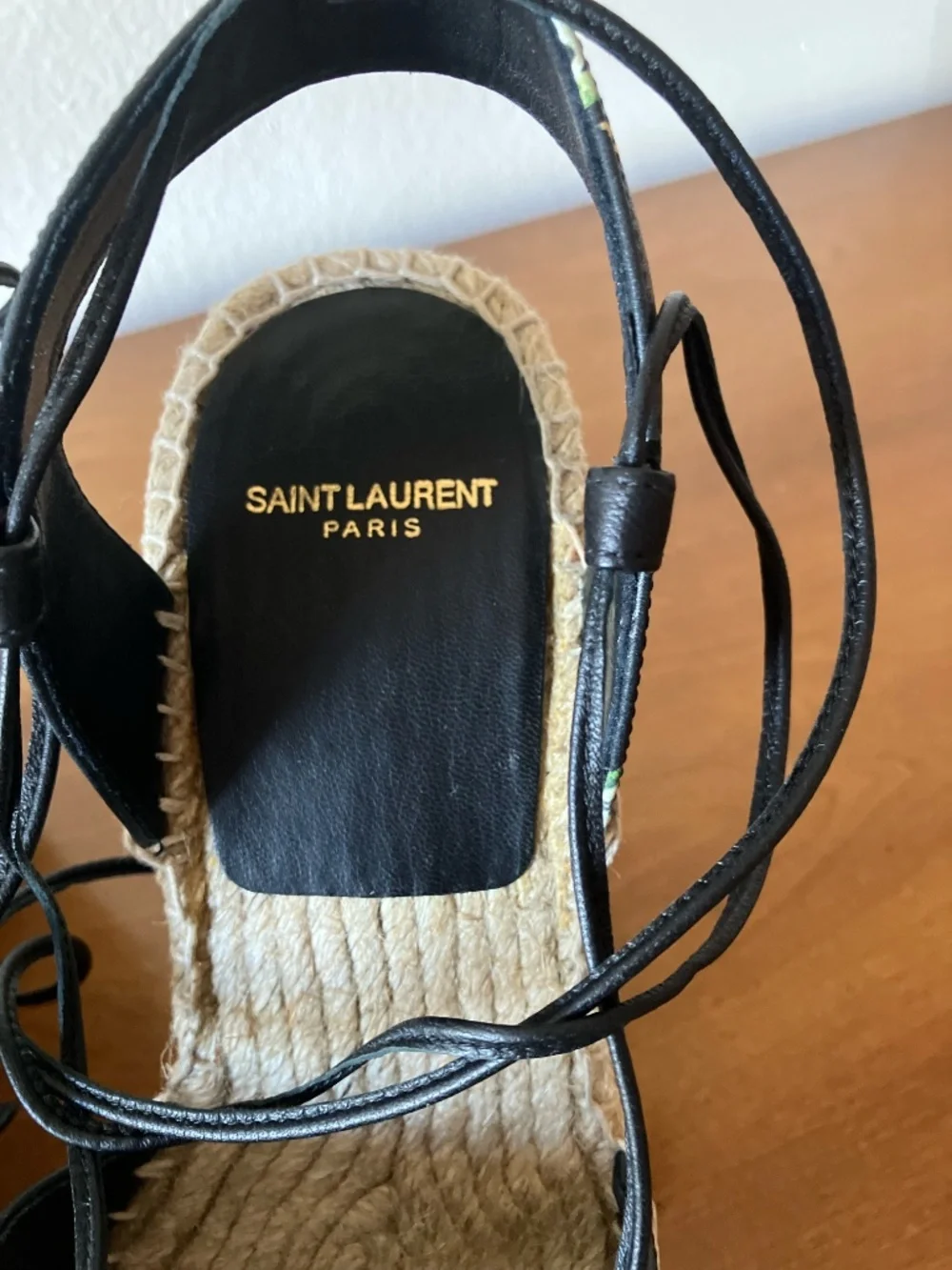 Saint Laurent YSL Grunge Flower Print Black Leather Espadrille Wedge EU 39/US 9